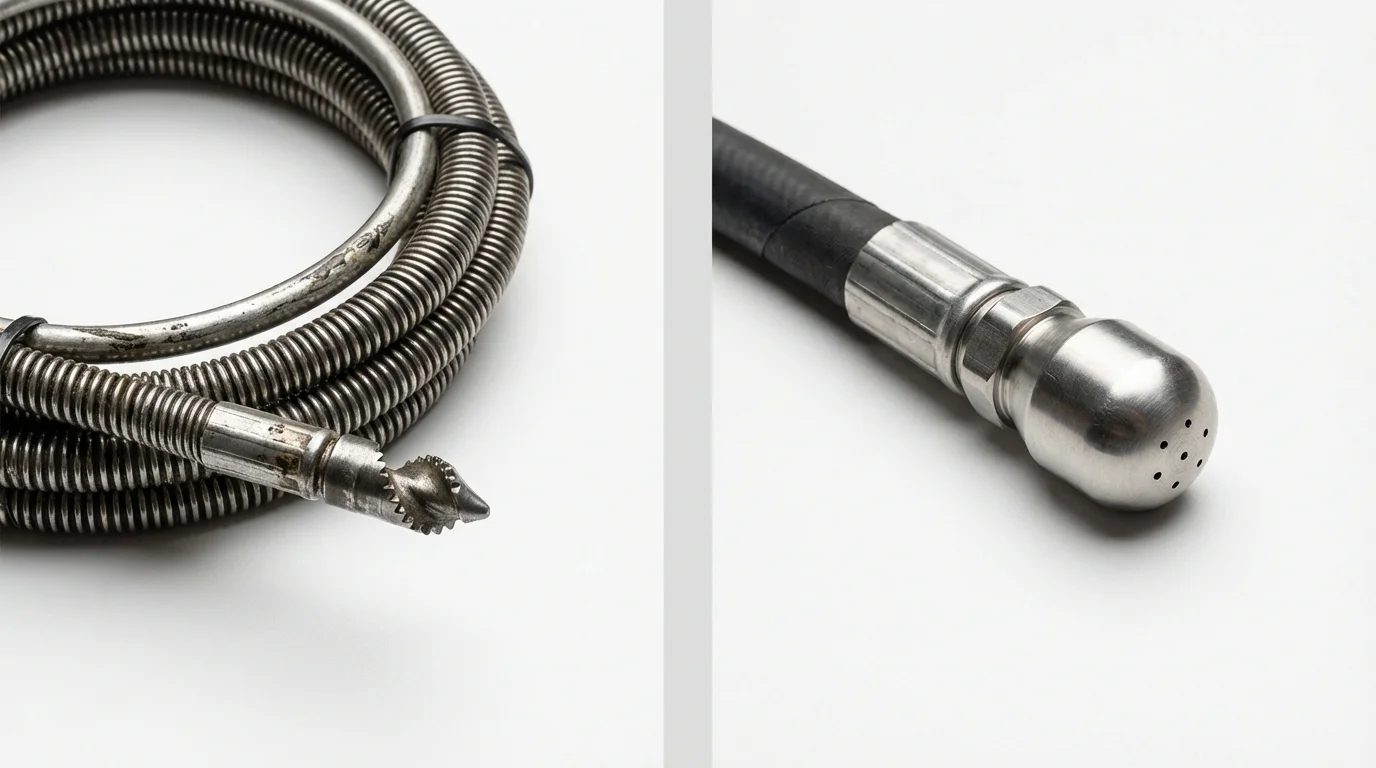 Drain snake cable and hydro jetting nozzle used for drain cleaning in Ashland, KS