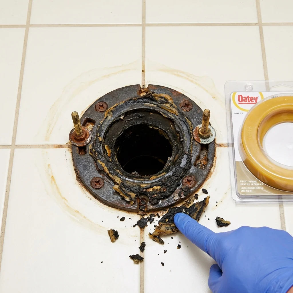 Failed wax ring showing water seepage at the base of a toilet in a Ashland, KS home